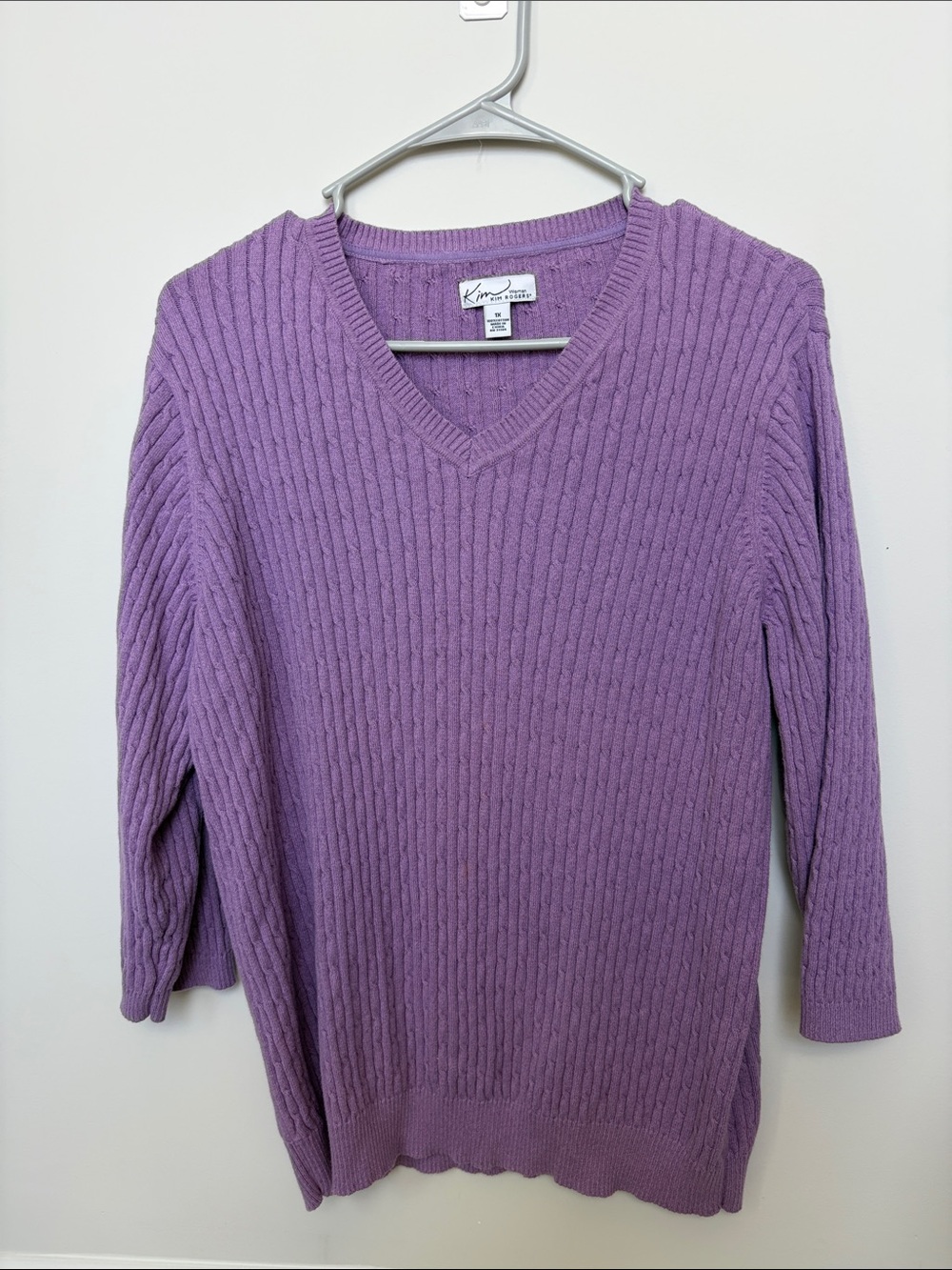 Kim Rogers Lavender Cable Knit V-Neck Sweater 1X size